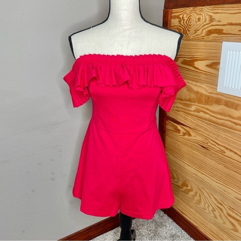 Urban Outfitters Red Ruffle Off The Shoulder Shorts One Piece Romper 4